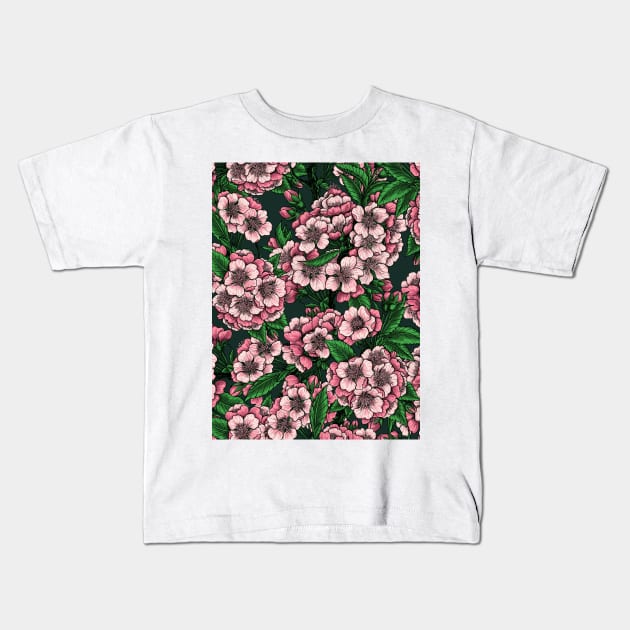 Cherry blossom on dark green Kids T-Shirt by katerinamk